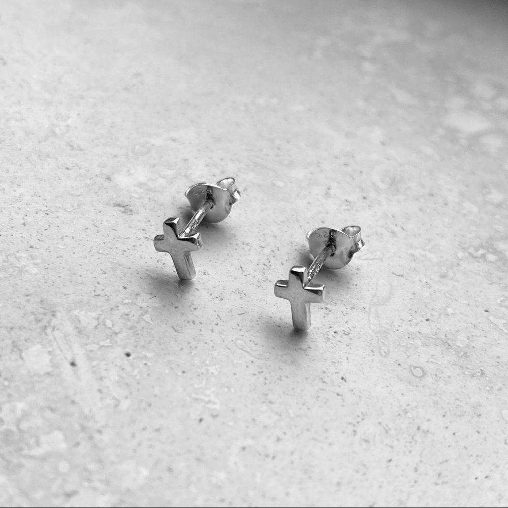 Sterling Silver Tiny Cross Earrings, Stud Earring… - image 5